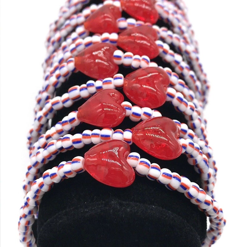 Wholesale Glass Heart Beaded Stretch Bracelets Lot of 10 Red White /& Blue Striped Glass 60 Seed Beads wRed Hearts