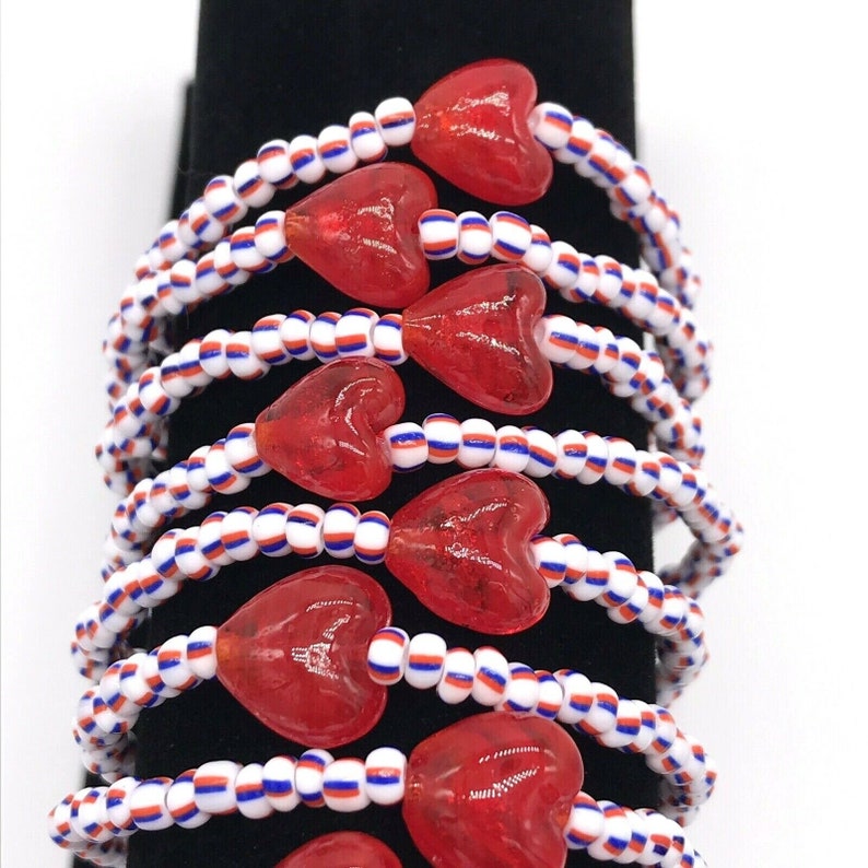 Wholesale Glass Heart Beaded Stretch Bracelets Lot of 10 Red White /& Blue Striped Glass 60 Seed Beads wRed Hearts