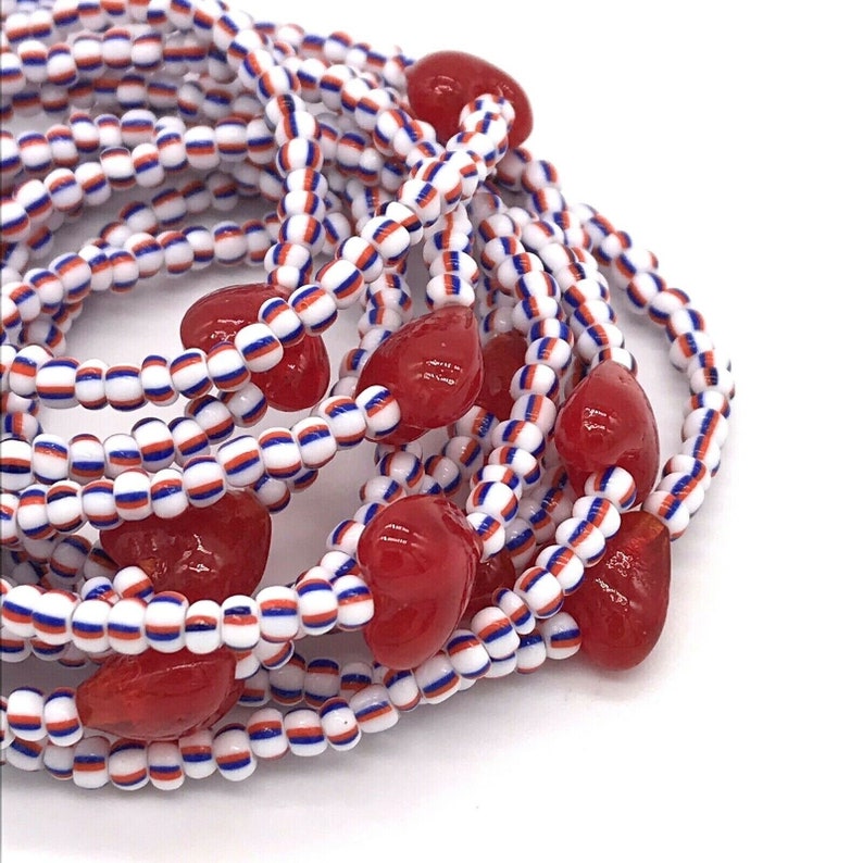 Wholesale Glass Heart Beaded Stretch Bracelets Lot of 10 Red White /& Blue Striped Glass 60 Seed Beads wRed Hearts