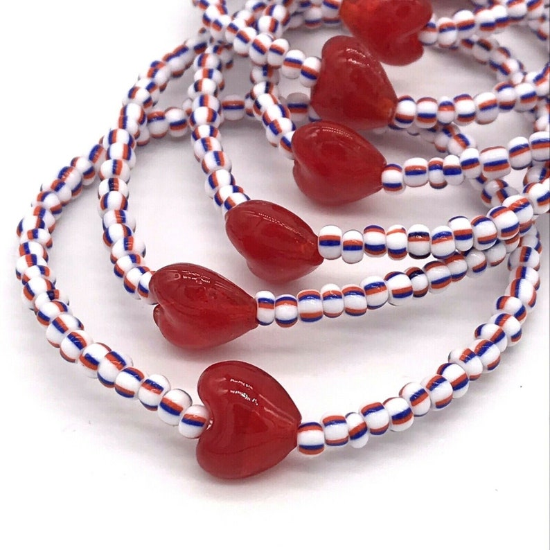 Wholesale Glass Heart Beaded Stretch Bracelets Lot of 10 Red White /& Blue Striped Glass 60 Seed Beads wRed Hearts