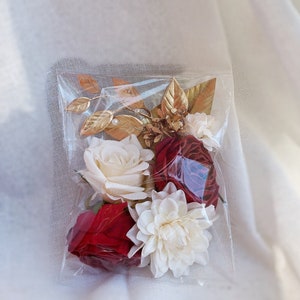 Vibrant Cranberry Red, Chanpange, and Cream Floral Cake Decor with Edible Gold