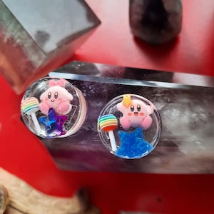 3/4 - 7/8 - 15/16 - 10mm, 14mm, 16mm, 19mm, 22mm, 24mm, 25mm, 1", 28mm, Double flare Kirby Poyo Rainbow Star Ear Gauge Plug Stretch Resin