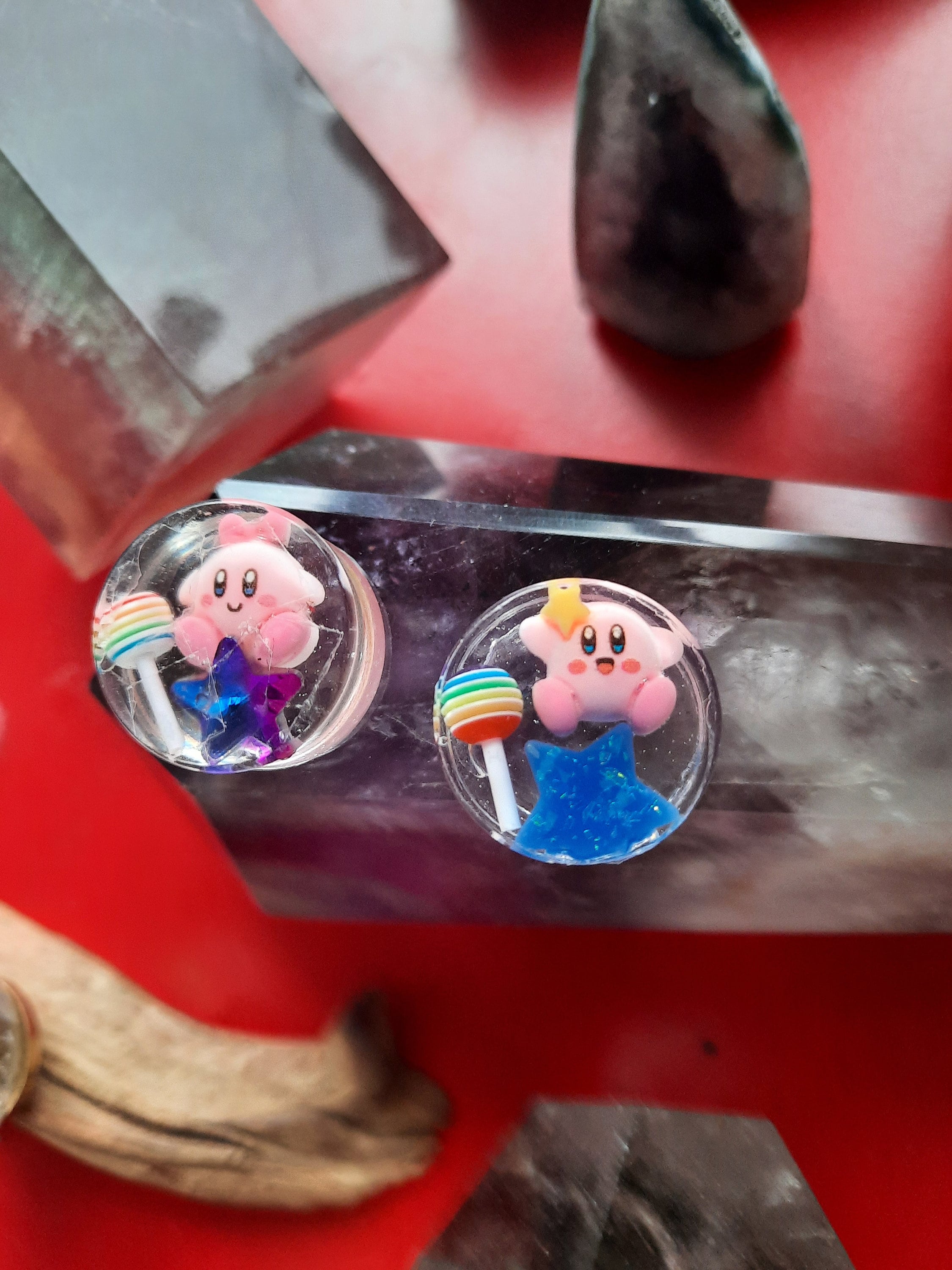 3/4 - 7/8 - 15/16 - 10mm, 14mm, 16mm, 19mm, 22mm, 24mm, 25mm, 1", 28mm, Double flare Kirby Poyo Rainbow Star Ear Gauge Plug Stretch Resin