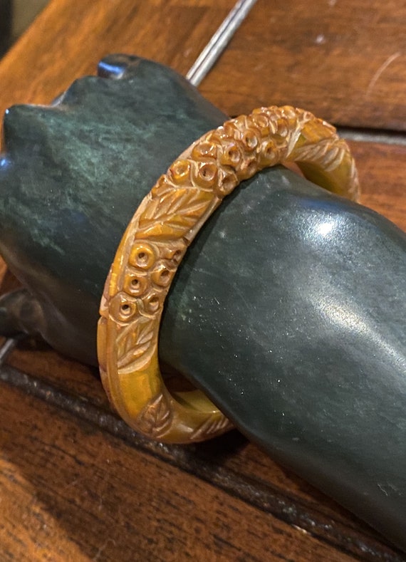 Bakelite bangle carved eucalyptus pods and leaves 