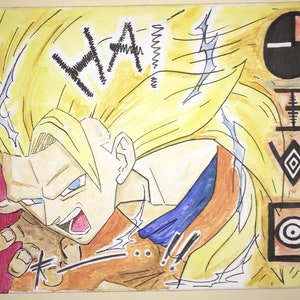 Puede incluir: Una ilustración dibujada a mano de un personaje con cabello amarillo puntiagudo, un atuendo azul y naranja, y la palabra "HA" escrita sobre la cabeza del personaje. El fondo es amarillo y presenta un símbolo en blanco y negro.