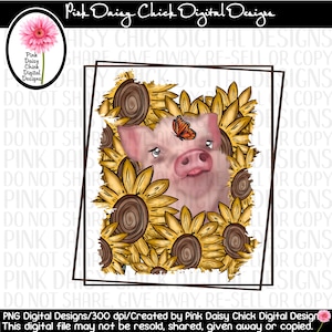 Digital PNG/Pig in sunflowers/Pigs/Sunflowers/Pig in flowers/Flowers/Farm/Country/Animals/Butterfly/png digital DOWNLOAD ONLY