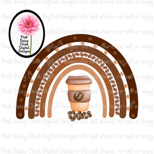 May include: A rainbow made of coffee beans with a brown coffee cup in the center. The rainbow is made of five different shades of brown. The coffee cup has a brown lid and a white cup with a brown coffee bean design. The coffee cup is surrounded by coffee beans.