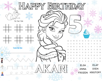 Pode incluir: Uma página para colorir imprimível com uma ilustração em preto e branco de Elsa de Frozen. A página inclui um jogo da velha, uma atividade de traçar a linha, um caça-palavras e uma faixa de aniversário que diz "Feliz aniversário 5".