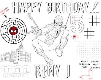 Spiderman Coloring Activity Sheet Placemat- Kids Birthday Party