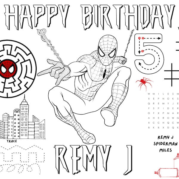 Spiderman Coloring Activity Sheet Placemat- Kids Birthday Party