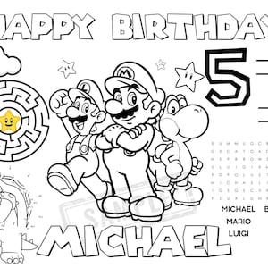 Super Mario Party Coloring Activity Sheet Placemat - Kids Birthday Party