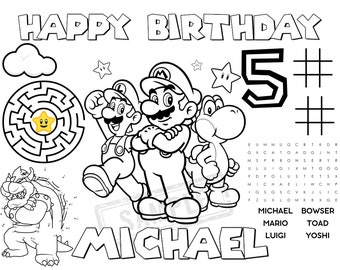 Super Mario Party Coloring Activity Sheet Placemat - Kids Birthday Party