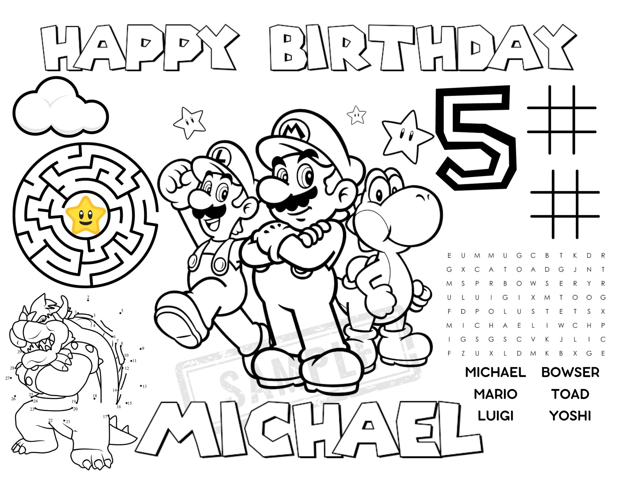 Super Mario Party Coloring Activity Sheet Placemat - Kids Birthday ...