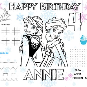 May include: A printable coloring page featuring the characters Anna and Elsa from the movie Frozen. The page includes a tic-tac-toe game, a trace the line activity, and a word search puzzle. The text "HAPPY BIRTHDAY 4" is at the top of the page.