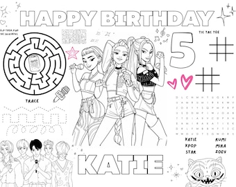 May include: Black and white coloring page with the text "HAPPY BIRTHDAY" and the number "5". Features illustrations of K-Pop singers, a maze, tic-tac-toe, and a word search. Includes the name "KATIE".
