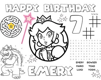 Princess Peach Super Mario Party Coloring Activity Sheet Placemat - Kids Birthday Party
