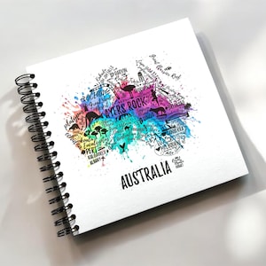 Splash WORD ART Australien Landkarte A3/A4/A5/quadratisch Scrapbook Fotoalbum Erinnerung Andenken, Schwarz, Kraft, Weiß