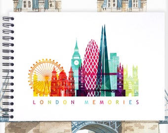 May include: A colorful watercolor illustration of the London skyline with the text "LONDON MEMORIES" printed below. The illustration features iconic landmarks like Big Ben, the London Eye, and the Shard.