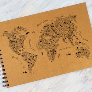 WORD ART Mappa del mondo A3/A4/A5/Album fotografico quadrato per ricordi, Nero, Kraft, Bianco