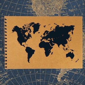 World Black Map Silhouette A3/A4/A5 Scrapbook Photo Album Memory Keepsake, Noir, Kraft, Blanc