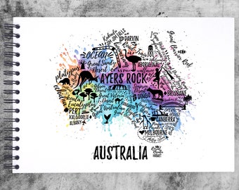 Splash WORD ART Australia Map A3/A4/A5/Square Scrapbook Photo Album Memory Keepsake, Black, Kraft, White