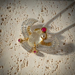 Gold Tektite Winged Scarab Pendant with Rubies