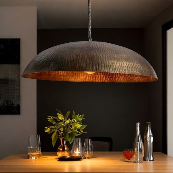 Handmade Hammered brass Pendant Light, Rustic Farmhouse Style,Brushed Bronze Flat Dome Pendant Light