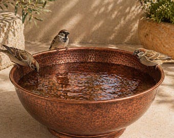 Handmade Hammered Copper Bird Bath Bowl, Outdoor Garden Bird Feeder Water Bowl, Rustic Copper Planter, Moroccan Artisan Garden Decor