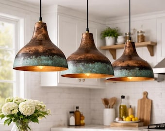Set of 3 Handmade Green Patina Copper Pendant Light: Rustic Island Lighting