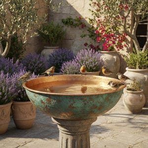 Puede incluir: Un bebedero para pájaros con exterior verde-cobre y borde cobrizo, lleno de agua, sobre un pedestal de piedra. Varios pájaros pequeños se posan en el borde. El fondo muestra plantas en macetas, lavanda y un muro de piedra.