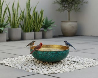 Handmade Copper Bird Bath, Turquoise Patina Bird Feeder, Outdoor Garden Bird Bowl, Hammered Copper Birdbath, Artisan Garden Decor