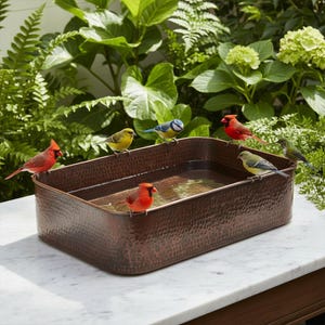 Peut inclure: Un abreuvoir rectangulaire en cuivre martelé rempli d'eau. Plusieurs figurines d'oiseaux colorés, dont des cardinaux rouges, des pinsons jaunes et une mésange bleue, se perchent sur le bord. L'abreuvoir est posé sur une surface en marbre blanc, entouré de verdure.