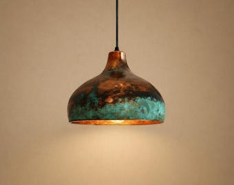 Oxidized Copper Dome Pendant Light: Green Patina Farmhouse Lighting