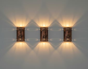 Juego de 3 apliques de pared de cobre hechos a mano – Apliques rústicos modernos, luz ascendente y descendente, luminaria de interior minimalista