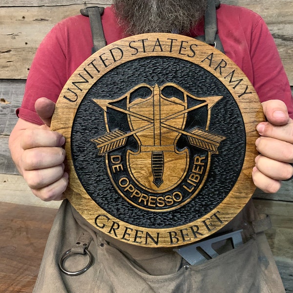 Gorgeous custom carved and distressed US Army Green Beret wall hanging.