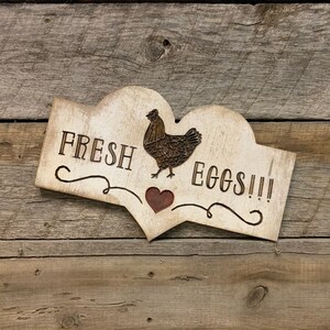 Sweet custom carved &quot;fresh eggs&quot; distressed farmhouse chicken egg wall hanging