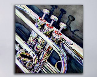 Jazz Trumpet Oil Painting Canvas Print, Musical Instrument Framed Fine Art Print from Art Instantly