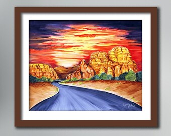 Southwest Desert Sunset Landscape Painting Canvas Print, Vibrant Mountain Roadway Watercolor Framed Fine Art Print from Art Instantly