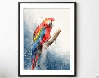 Red Macaw Parrot Rain Forest Watercolor Painting Canvas Print, Tropical Jungle Wildlife Bird Framed Fine Art Print from Art Instantly
