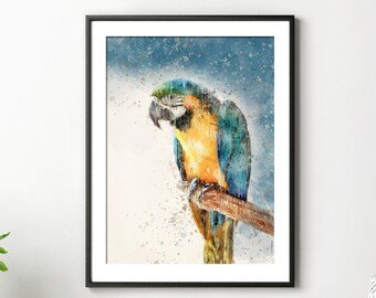 Blue Macaw Parrot Rain Forest Watercolor Painting Canvas Print, Tropical Jungle Wildlife Bird Framed Fine Art Print from Art Instantly