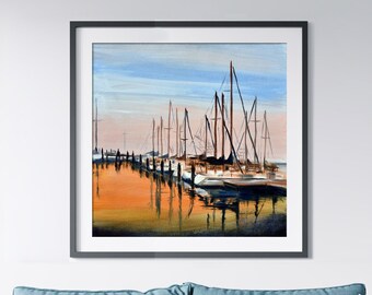 Marina Sunset Sailboats Oil Seascape Painting Canvas Print, Nautical Coastal Harbor Landscape Framed Fine Art Print From Art Instantly