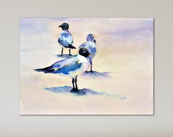 Seagull Coastal Wildlife Watercolor Painting Canvas Print, Large Bird Beach Landscape Framed Fine Art Print from Art Instantly