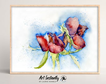 Botanical Watercolor Roses Flower Painting Digital Print, Large Floral Above Bed Decor Printable Rose Wall Art From Art Instantly