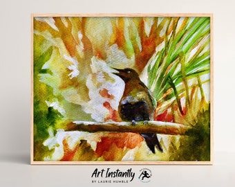 Abstract Bird On A Branch Digital Print, Watercolor Painting Gift For Bird Lover Printable Wall Art From Art Instantly