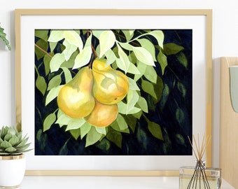 Pear Fruit Watercolor Painting Canvas Print, Large Pears Nature Framed Fine Art Print from Art Instantly