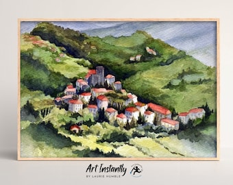 Italian Village Watercolor Landscape Printable Wall Art, Large Italy Painting Digital Print From Art Instantly