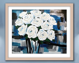 Abstract White Rose Flowers Oil Painting Canvas Print, Contemporary Floral Rose Bouquet Framed Fine Art Print from Art Instantly