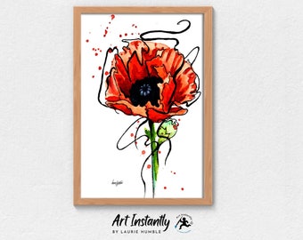 Red Poppy Contemporary Botanical Floral Digital Print, Modern Flower Art Watercolor Painting Printable Wall Art from Art Instantly