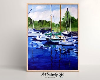 Sailboat Oil Painting Printable Wall Art, Large Seaside Harbor Nautical Digital Print From Art Instantly