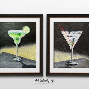 Dekoracja ścienna wózka barowego, sztuka ścienna vintage cocktail, wydruk sztuki retro, zestaw 2 sztuk, drukowana sztuka ścienna z Art Instantly